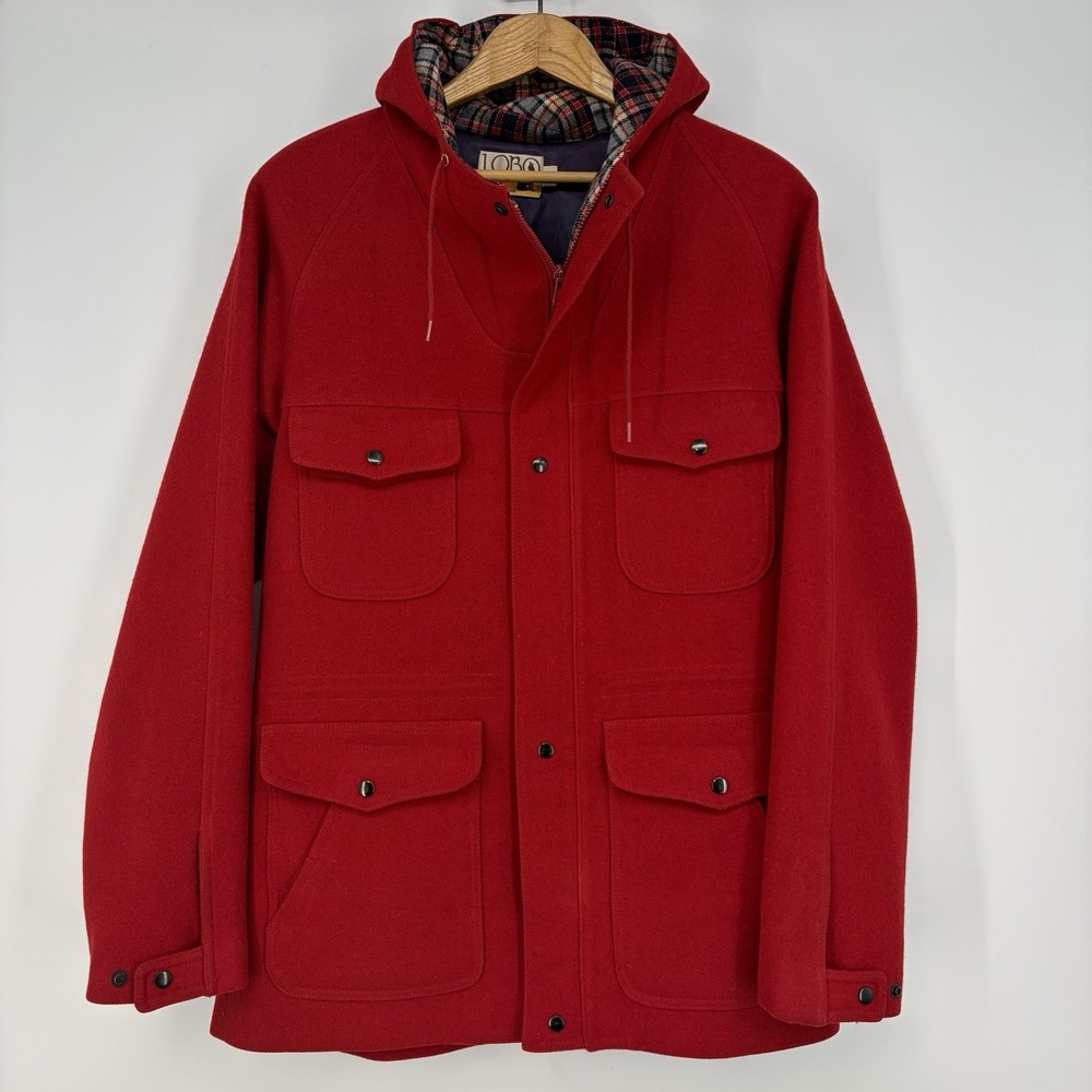 VTG 70s Lobo Pendleton Women‎ 40 Hooded Red Wool Coat Plaid Grunge Chore Barn M